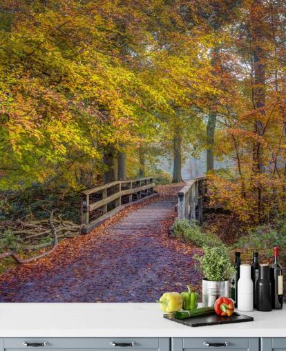 orange, green and brown forest mural called Bridge in Autumn Forest by Assaf Frank orange, green and brown forest mural called Bridge in Autumn Forest by Assaf Frank