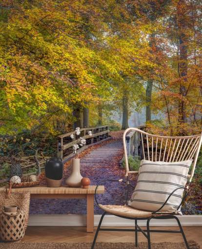 orange, grønt og brunt skovmaleri kaldet Bridge in Autumn Forest af Assaf Frank