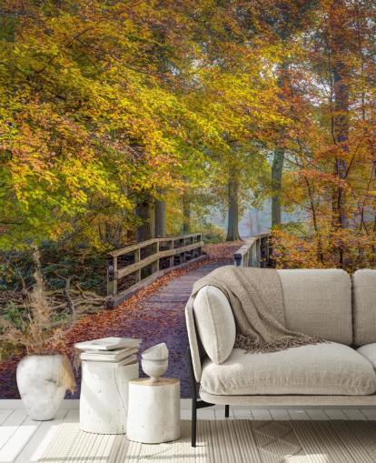 orange, grønt og brunt skovmaleri kaldet Bridge in Autumn Forest af Assaf Frank
