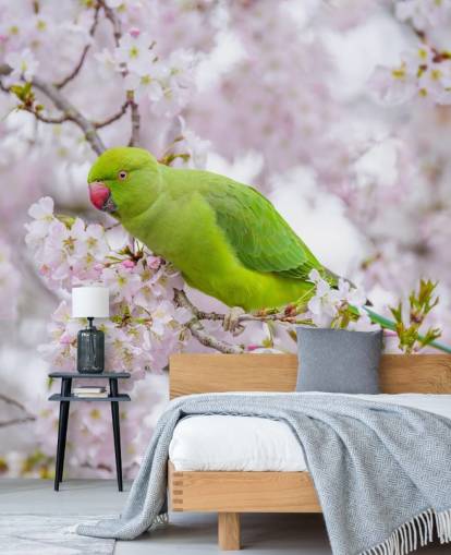 rosa og grønt kirsebærblomstermaleri kalt Parrot Sitting in a Blossom Tree av Assaf Frank