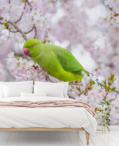 pink and green cherry blossom mural called Parrot Sitting in a Blossom Tree by Assaf Frank