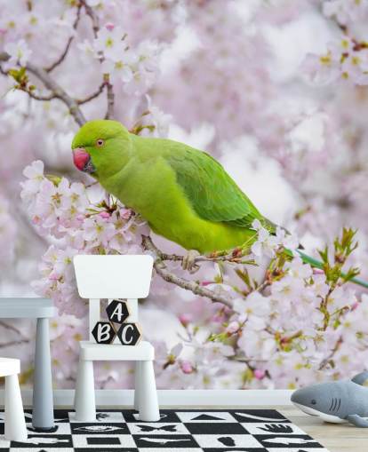 rosafarbenes und grünes Kirschblüten-Wandbild mit dem Titel Papagei Sitting in a Blossom Tree von Assaf Frank