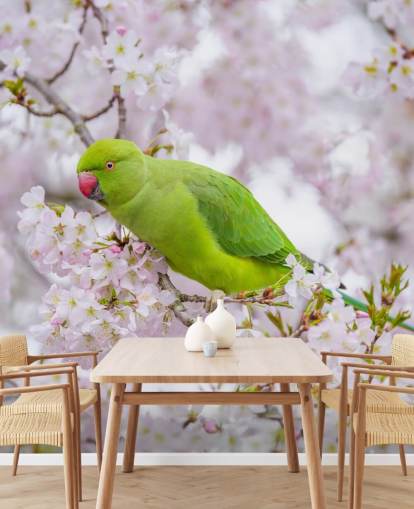 rosafarbenes und grünes Kirschblüten-Wandbild mit dem Titel Papagei Sitting in a Blossom Tree von Assaf Frank