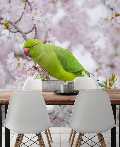pink and green cherry blossom mural called Parrot Sitting in a Blossom Tree by Assaf Frank pink and green cherry blossom mural called Parrot Sitting in a Blossom Tree by Assaf Frank