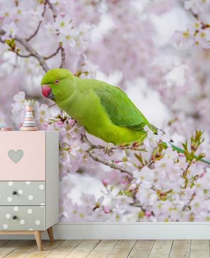 pink and green cherry blossom mural called Parrot Sitting in a Blossom Tree by Assaf Frank pink and green cherry blossom mural called Parrot Sitting in a Blossom Tree by Assaf Frank