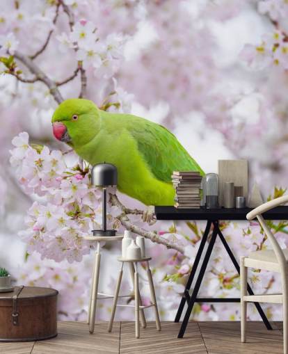 pink and green cherry blossom mural called Parrot Sitting in a Blossom Tree by Assaf Frank