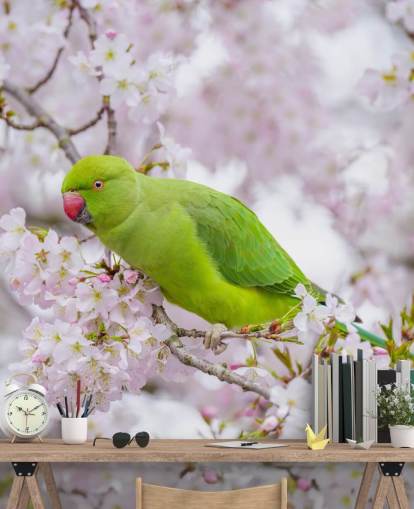roze en groene muurschildering met kersenbloesem genaamd Parrot Sitting in a Blossom Tree van Assaf Frank roze en groene muurschildering met kersenbloesem genaamd Parrot Sitting in a Blossom Tree van Assaf Frank