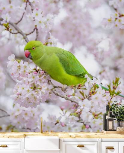 mural de cerezos en flor rosa y verde llamado Parrot Sitting in a Blossom Tree de Assaf Frank mural de cerezos en flor rosa y verde llamado Parrot Sitting in a Blossom Tree de Assaf Frank