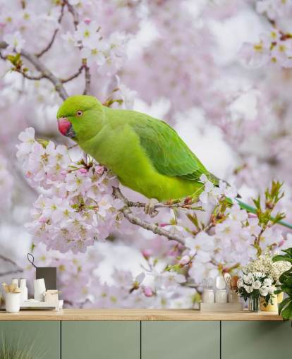 mural de cerezos en flor rosa y verde llamado Parrot Sitting in a Blossom Tree de Assaf Frank mural de cerezos en flor rosa y verde llamado Parrot Sitting in a Blossom Tree de Assaf Frank