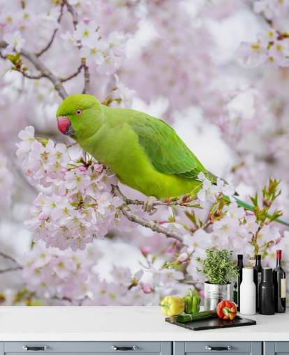 rosa och grön körsbärsblomma väggmålning kallad Parrot Sitting in a Blossom Tree av Assaf Frank rosa och grön körsbärsblomma väggmålning kallad Parrot Sitting in a Blossom Tree av Assaf Frank