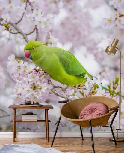 lyserødt og grønt kirsebærblomstermaleri kaldet Parrot Sitting in a Blossom Tree af Assaf Frank