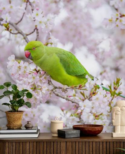 mural de cerezos en flor rosa y verde llamado Parrot Sitting in a Blossom Tree de Assaf Frank