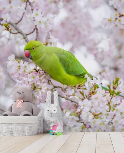 rosafarbenes und grünes Kirschblüten-Wandbild mit dem Titel Papagei Sitting in a Blossom Tree von Assaf Frank rosafarbenes und grünes Kirschblüten-Wandbild mit dem Titel Papagei Sitting in a Blossom Tree von Assaf Frank