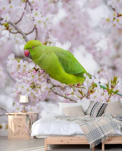 rosafarbenes und grünes Kirschblüten-Wandbild mit dem Titel Papagei Sitting in a Blossom Tree von Assaf Frank rosafarbenes und grünes Kirschblüten-Wandbild mit dem Titel Papagei Sitting in a Blossom Tree von Assaf Frank