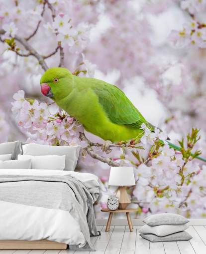 mural de cerezos en flor rosa y verde llamado Parrot Sitting in a Blossom Tree de Assaf Frank