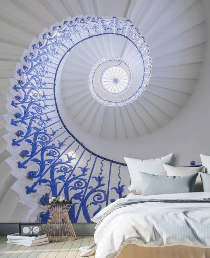 fresque murale à effet 3D bleu et blanc appelée escalier en colimaçon par Assaf Frank fresque murale à effet 3D bleu et blanc appelée escalier en colimaçon par Assaf Frank
