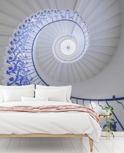 blue and white 3d effect wall mural called spiral staircase by Assaf Frank