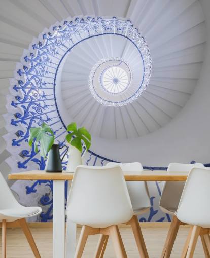 blue and white 3d effect wall mural called spiral staircase by Assaf Frank