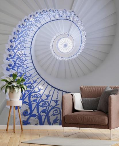 mural de parede de efeito 3D azul e branco chamado escada em espiral de Assaf Frank mural de parede de efeito 3D azul e branco chamado escada em espiral de Assaf Frank