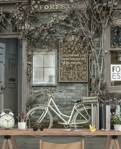 grey shop facade mural called Bicycle Outside a Cafe, York by Assaf Frank