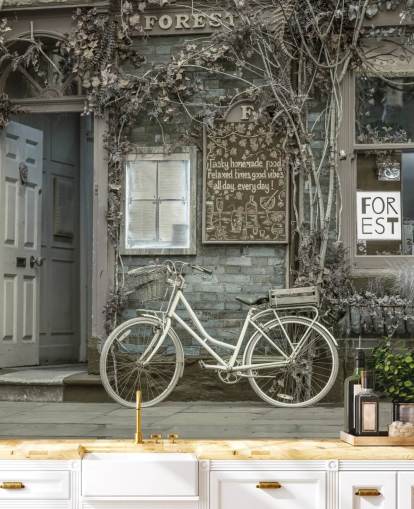 murale grigio sulla facciata di un negozio chiamato Bicycle Outside a Cafe, York di Assaf Frank