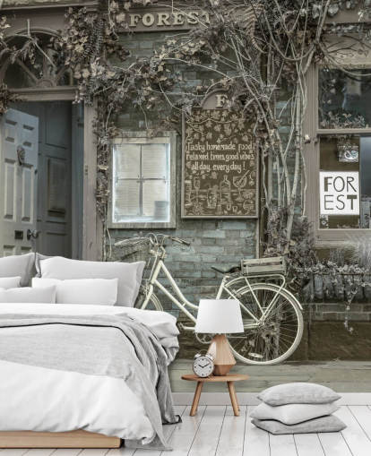 grey shop facade mural called Bicycle Outside a Cafe, York by Assaf Frank