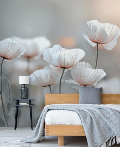 hvid valmue vægmaleri kaldet White Poppies af Assaf Frank til soveværelser og stuer
