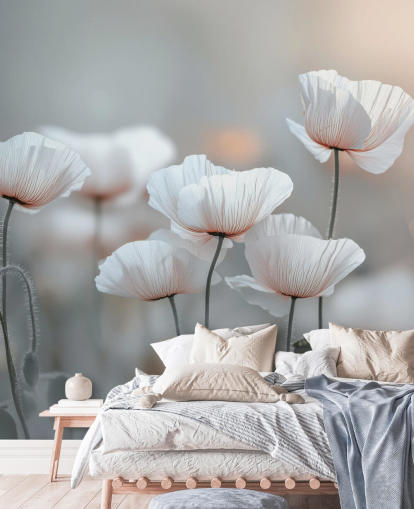 peinture murale de coquelicots blancs appelée White Poppies par Assaf Frank pour les chambres et les salons