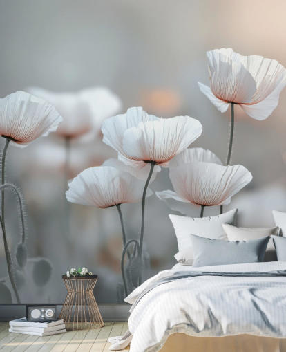 mural de amapolas blancas llamado White Poppies de Assaf Frank para dormitorios y salas de estar