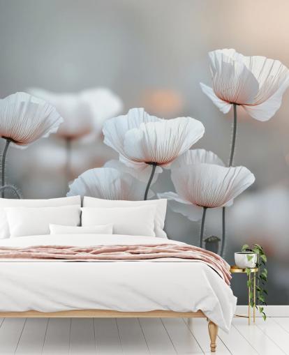 witte papavermuurschildering genaamd White Poppies van Assaf Frank voor slaapkamers en woonkamers