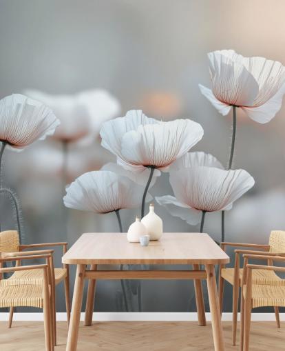 Assaf Frankin valkoinen unikon seinämaalaus nimeltä White Poppies makuuhuoneisiin ja olohuoneisiin Assaf Frankin valkoinen unikon seinämaalaus nimeltä White Poppies makuuhuoneisiin ja olohuoneisiin