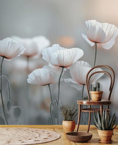 hvit valmue veggmaleri kalt White Poppies av Assaf Frank for soverom og stuer