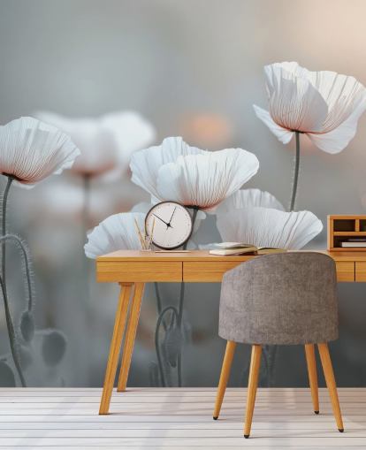 hvit valmue veggmaleri kalt White Poppies av Assaf Frank for soverom og stuer hvit valmue veggmaleri kalt White Poppies av Assaf Frank for soverom og stuer