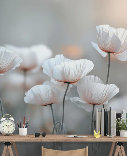 peinture murale de coquelicots blancs appelée White Poppies par Assaf Frank pour les chambres et les salons