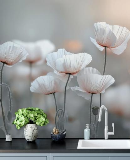 white poppy mural called White Poppies by Assaf Frank for bedrooms and living rooms