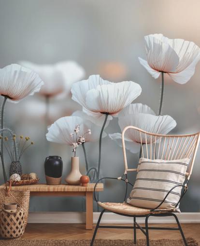 hvit valmue veggmaleri kalt White Poppies av Assaf Frank for soverom og stuer