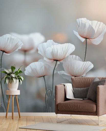 vit vallmo väggmålning kallad White Poppies av Assaf Frank för sovrum och vardagsrum vit vallmo väggmålning kallad White Poppies av Assaf Frank för sovrum och vardagsrum