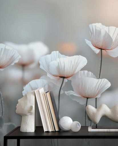 murale con papaveri bianchi chiamato White Poppies di Assaf Frank per camere da letto e salotti