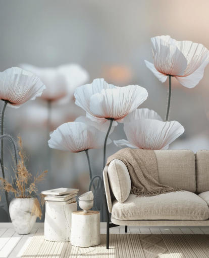 mural de papoula branca chamado White Poppies de Assaf Frank para quartos e salas de estar