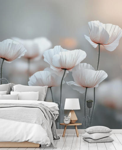 white poppy mural called White Poppies by Assaf Frank for bedrooms and living rooms
