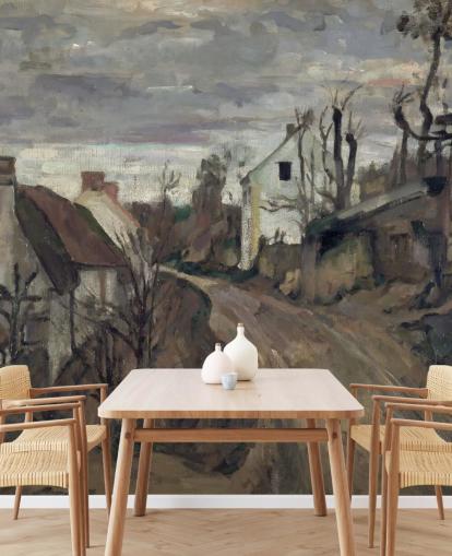 mural de bellas artes marrón y gris llamado Village Road, Auvers de Paul Cezanne