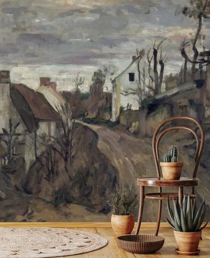 murale d'arte marrone e grigio chiamato Village Road, Auvers di Paul Cezanne