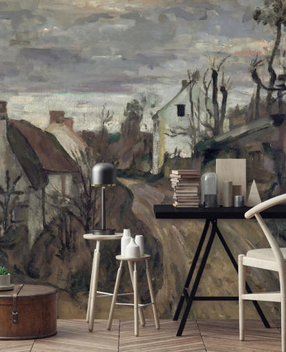 brown and grey fine art mural called Village Road, Auvers by Paul Cezanne