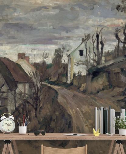 bruine en grijze kunstmuurschildering genaamd Village Road, Auvers van Paul Cezanne bruine en grijze kunstmuurschildering genaamd Village Road, Auvers van Paul Cezanne