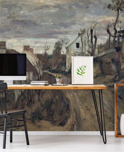 brunt og grått kunstmaleri kalt Village Road, Auvers av Paul Cezanne