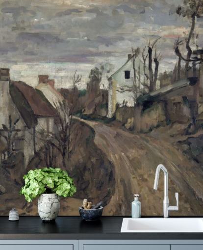 mural de bellas artes marrón y gris llamado Village Road, Auvers de Paul Cezanne