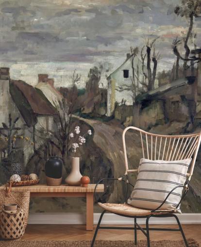bruine en grijze kunstmuurschildering genaamd Village Road, Auvers van Paul Cezanne