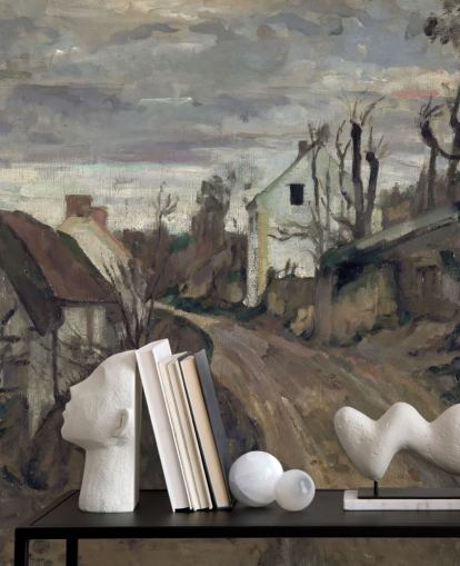 brunt og grått kunstmaleri kalt Village Road, Auvers av Paul Cezanne