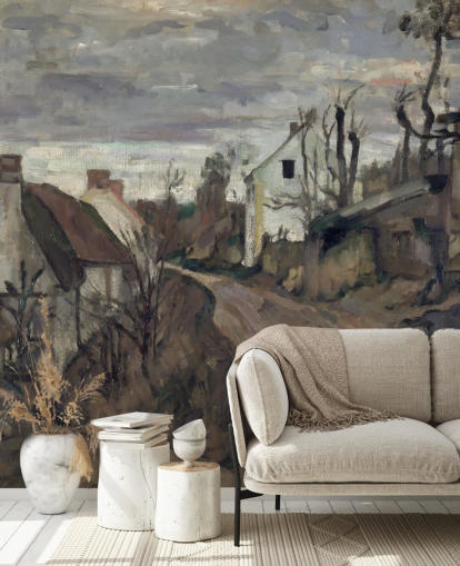 mural de bellas artes marrón y gris llamado Village Road, Auvers de Paul Cezanne mural de bellas artes marrón y gris llamado Village Road, Auvers de Paul Cezanne
