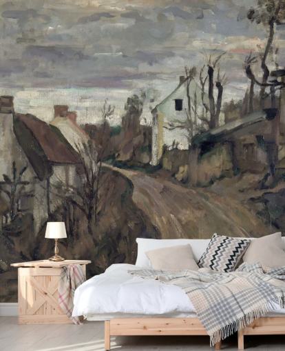 bruine en grijze kunstmuurschildering genaamd Village Road, Auvers van Paul Cezanne